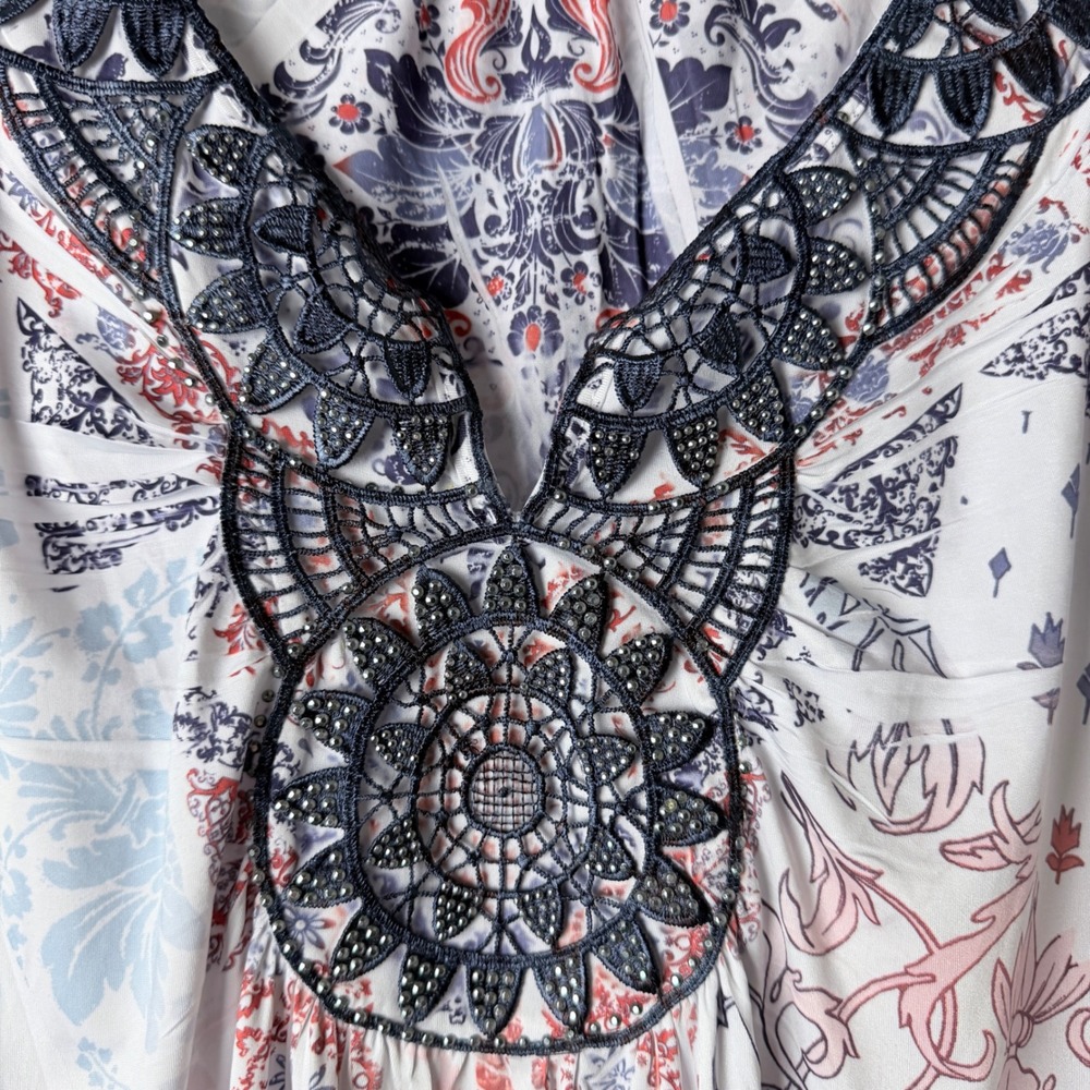 World Unity Tunic Top Knit Women XL Blue Paisley Crochet Lace Sharkbite Hem - Picture 5 of 10